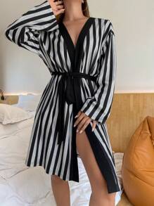 DAZY 保暖条纹拼布饰边浴袍，秋冬睡衣