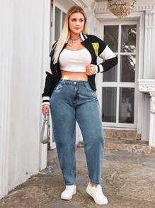 EURMUSE 100%Cotton Plus High Waist Mom Fit Jeans - Medium Wash - View 3