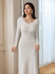 Modelyn 1pc Women's Elegant Fitted Slimming Knit Cocktail Dress For Party And Formal Events - White - View 1
