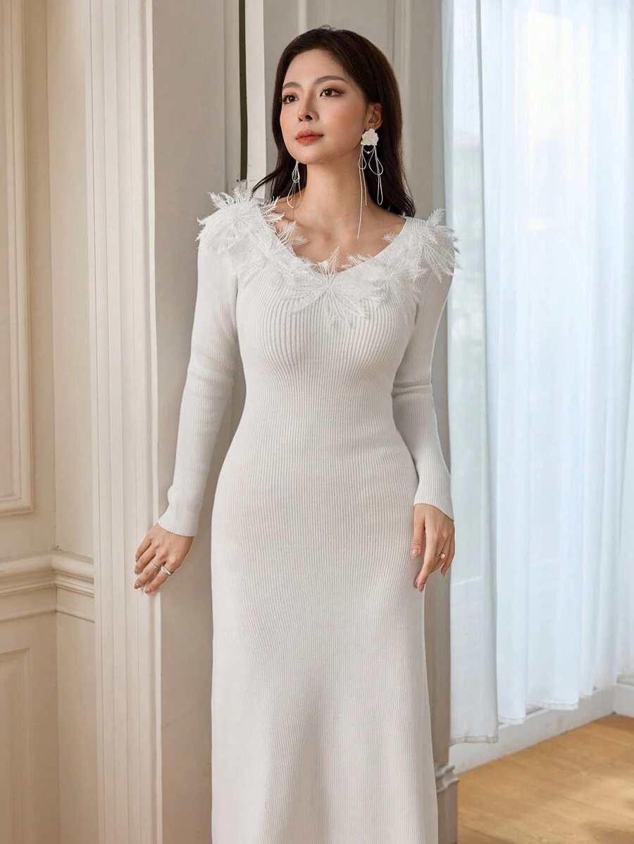 Modelyn 1pc Women's Elegant Fitted Slimming Knit Cocktail Dress For Party And Formal Events - White - View 1