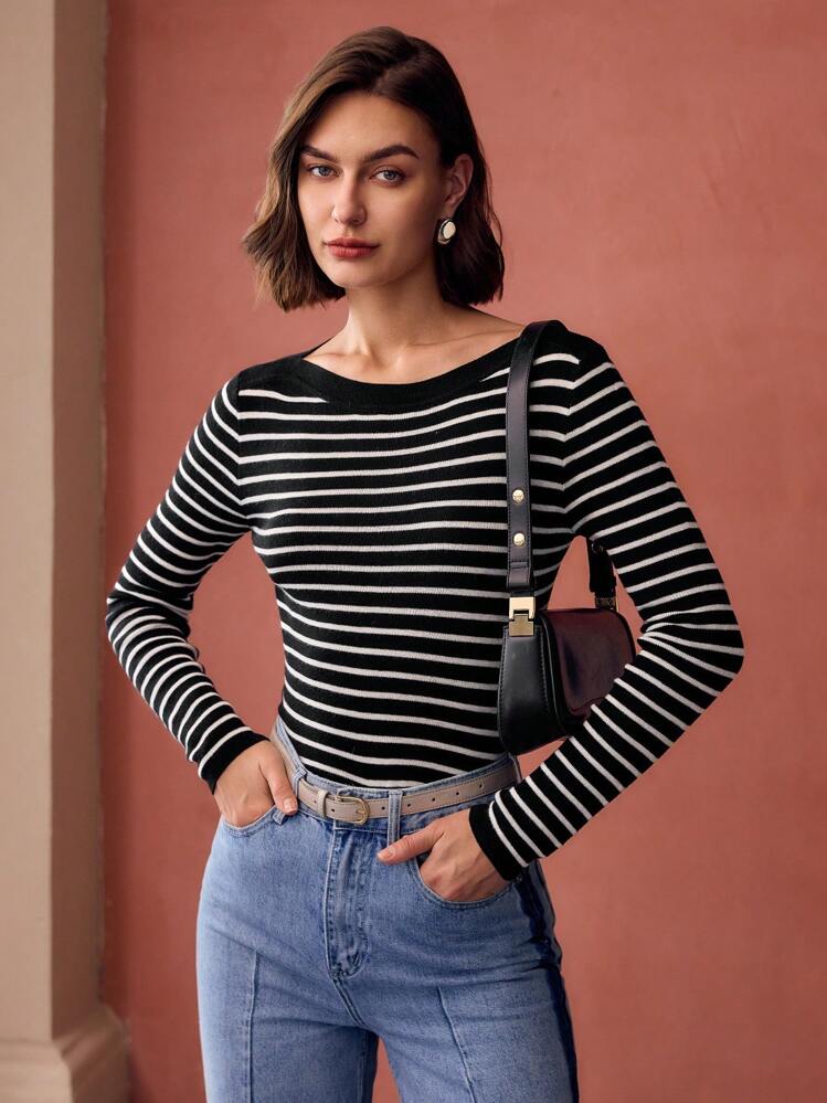 MOTF ÁO LEN CỔ THUYỀN SLIM FIT HỌA TIẾT SỌC - Đen và trắng - Xem 7