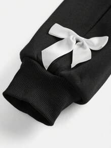 Girlism Teen Girl 2pcs/Set Black, Sweet Knitted Solid Color Knitted Sweatshirt, Bow Decoration, Loose Casual Round Neck Pull Over Bell And Bottoms