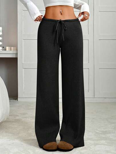 SHEIN EZwear 女士纯色抽绳腰针织裤，休闲日常穿着，秋冬