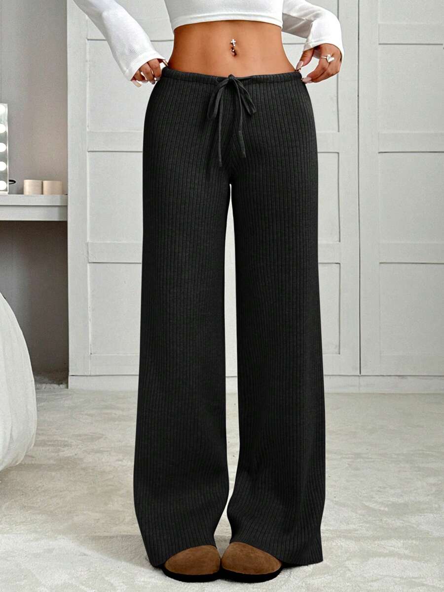 女士休闲纯色抽绳腰针织裤，秋冬 - 黑色 - 查看 1