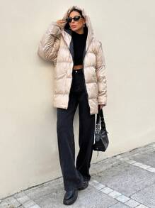 RueChic Women's Solid Color Zip Up Front Pocket Minimalist Hoodie - Beige - View 4