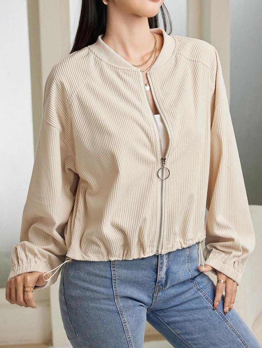 Mulvari 女士纯色落肩长袖休闲棒球夹克，秋季 - 白色 - 查看 1