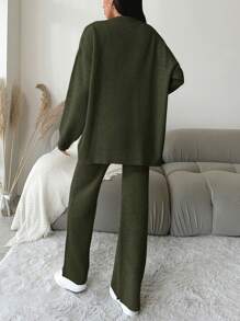 EURMUSE Bộ 2 áo len cardigan hở vai đơn giản màu trơn đơn giản cho nữ, cài nút phía trước và quần len rút eo - xanh quân đội - Xem 2