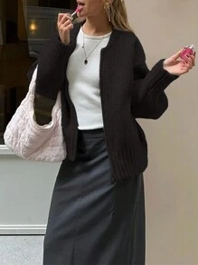 INAWLY 女士纯色简约日常长袖针织开衫 秋冬款 - 黑色 - 查看 3