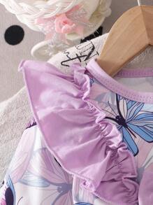 Baby Girl Cartoon Butterfly All-Over Print Jumpsuit, Princess Style Fashionable Long Sleeve Jumpsuit, Spring/Autumn Korean Design For Outdoor Wear - Purple - View 3