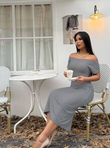 INAWLY 大码休闲纯色露肩紧身连衣裙 - 灰色 - 查看 3