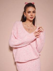 Enchnt Suéter casual de mujer con cuello en V de manga larga, color rosa