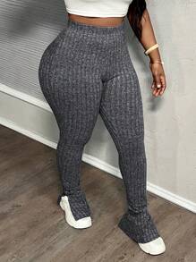 Slaydiva Casual Home Elastic Waist Ribbed Fluffy Ankles Slit Flared Pants, Navy Blue - Dark Grey - View 5