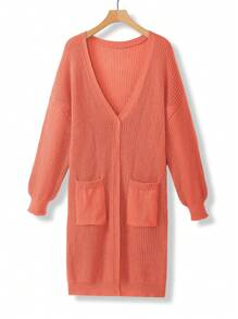 Calvaya Plus Size Women's Solid Color Dropped Shoulder Long Sleeve Pocket Casual Cardigan, Autumn/Winter