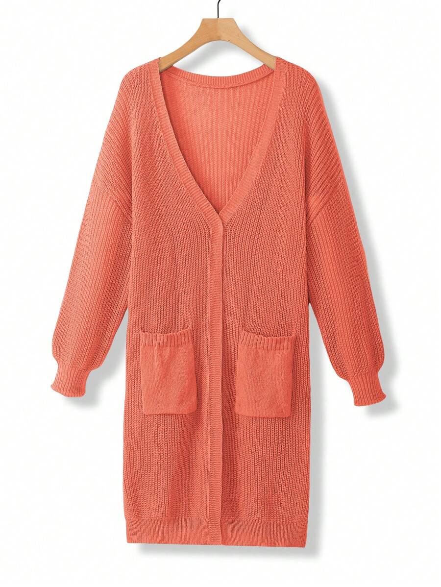 Calvaya Plus Size Women's Solid Color Dropped Shoulder Long Sleeve Pocket Casual Cardigan, Autumn/Winter