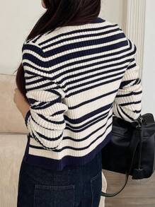 DAZY Bộ 2 áo ba lỗ dệt kim kẻ sọc màu tương phản mặc thường ngày cho nữ và áo len cardigan, mùa thu/đông - Màu xanh hải quân - Xem 2