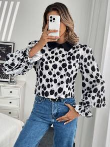 SHEIN LUNE 女士拼布长袖衬衫，通勤度假休闲装，秋冬季 - 黑與白 - 查看 5