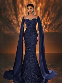 Glamrae 优雅网眼透视 V 领水钻链条亮片拼接缎面裹胸超长盖袖鱼尾长款晚礼服，正式舞会礼服，适合婚礼宾客、毕业典礼、晚宴、派对礼服 - 藏蓝色 - 查看 1