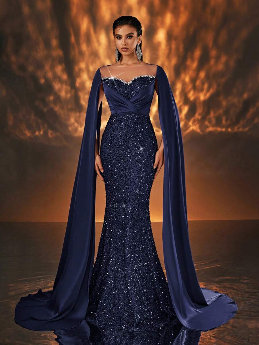 Glamrae 优雅网眼透视 V 领水钻链条亮片拼接缎面裹胸超长盖袖鱼尾长款晚礼服，正式舞会礼服，适合婚礼宾客、毕业典礼、晚宴、派对礼服 - 藏蓝色 - 查看 1