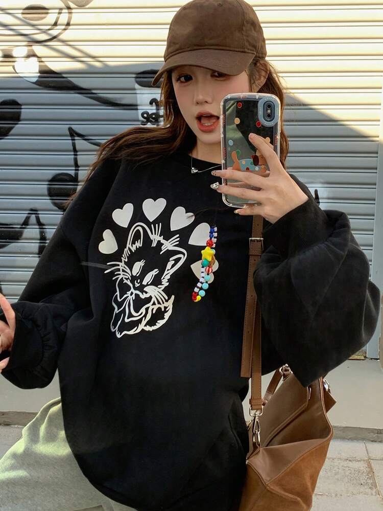 Women's Colorblock Cartoon Cat Print Round Neck Drop Shoulder Long Sleeve Loose Sweatshirt,Fall Women Clothes