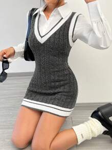 Muchica Váy len dệt kim không tay cổ chữ V màu trơn đơn giản dành cho nữ - Xám - Xem 1