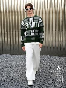 Manfinity Hypemode Men's Letter & Plaid Pattern Round Neck Casual Sweater, Autumn/Winter - Multicolor - View 7