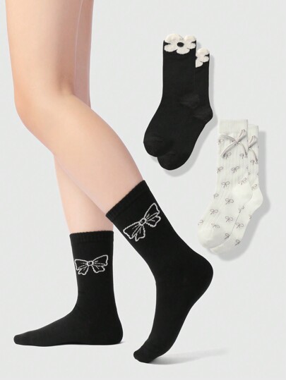 Kawaii 3 Pairs Ins Stylish Korean/Japanese Sweet High-Quality Soft & Warm White Striped Embroidered Bow, Black Knit Floral, Black & White Bow Thigh High Socks Combo Set For Women, Daily Wear, Comes With Gift Box Packaging