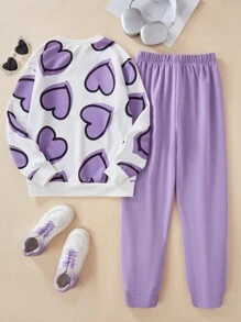 2pcs/Set Tween Girl Cute Heart All-Over Print Sweatshirt And Sweatpants Set, Casual For Thanksgiving