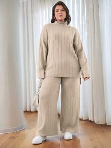 EURMUSE OLUS SIZE HIGH NECK CASUAL SWEATER CORDS - Beige - View 6