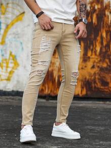 Manfinity LEGND 男士街头潮流纯色破洞紧身牛仔裤 - 卡其色 - 查看 8