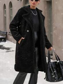 EURMUSE SOLID LAPEL COLLAR BUTTONED LONG TEDDY COAT - Black - View 6