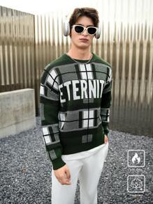 Manfinity Hypemode Men's Letter & Plaid Pattern Round Neck Casual Sweater, Autumn/Winter - Multicolor - View 2