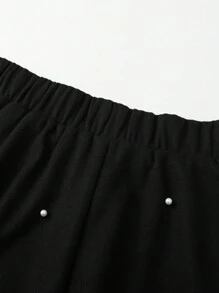 SHEIN Clasi 大码女式纯色仿珍珠装饰褶皱长裙，优雅 - 黑色 - 查看 5