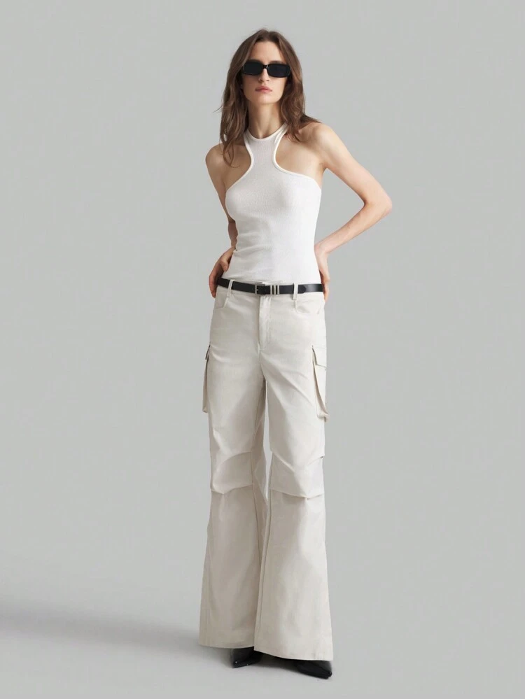 Light Grey Vintage Low-Waist Cargo Pocket Split Leg Casual Pants, Fashion Street Style, Autumn