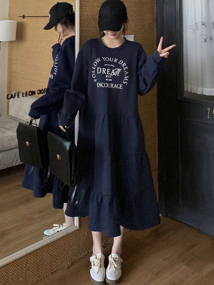 DAZY Women Casual Letter Print Ruffle Hem Mini Dress, Suitable For Autumn,Back To School Clothes,Fall Women Clothes Long Sleeve Dress