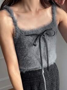 FRIFUL 2pcs Women Solid Color Long Sleeve Cardigan And Bow Decor Camisole Knit Top Set, Autumn/Winter