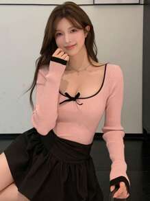 DAZY Women's Contrast Color Patchwork Bow Knitted Sweater, Suitable For Valentine's Day,Fall Clothes - Pink - View 9