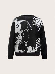 Slaydiva Women Contrast Color Round Neck Drop Shoulder Long Sleeve Casual Loose Sweater, Autumn/Winter - Black - View 1