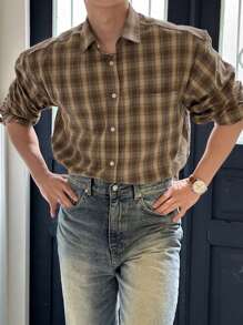 DAZY 男士前扣衬衫领长袖格子休闲上衣 - 棕色 - 查看 6