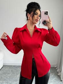 Elenzga V 领褶皱羊腿袖性感优雅系腰蝴蝶结长袖衬衫，带有设计细节，适合新年假期派对服装 - 紅色 - 查看 5