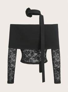 SHEIN X Belinda SHEIN EZwear Black Mesh Off Shoulder Long Sleeve Slim Fit Fashionable Top For Women - Black - View 6