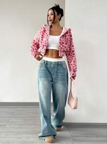 Muchica 1 Stück Damen Leoparden Muster Kapuzen Kurze Plüschjacke, Winter - Pink - Übersicht 3