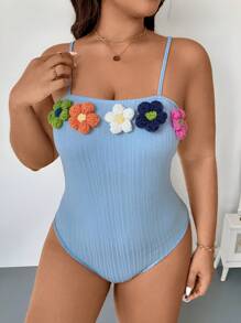 Flirla Plus Size Women 3D Floral Decor Fashionable Bodysuit - Blue - View 6