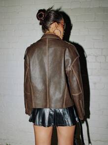 SHEIN ICON Veste décontractée ample avec col en PU lavé rétro et usé - Tabac - Voir 5
