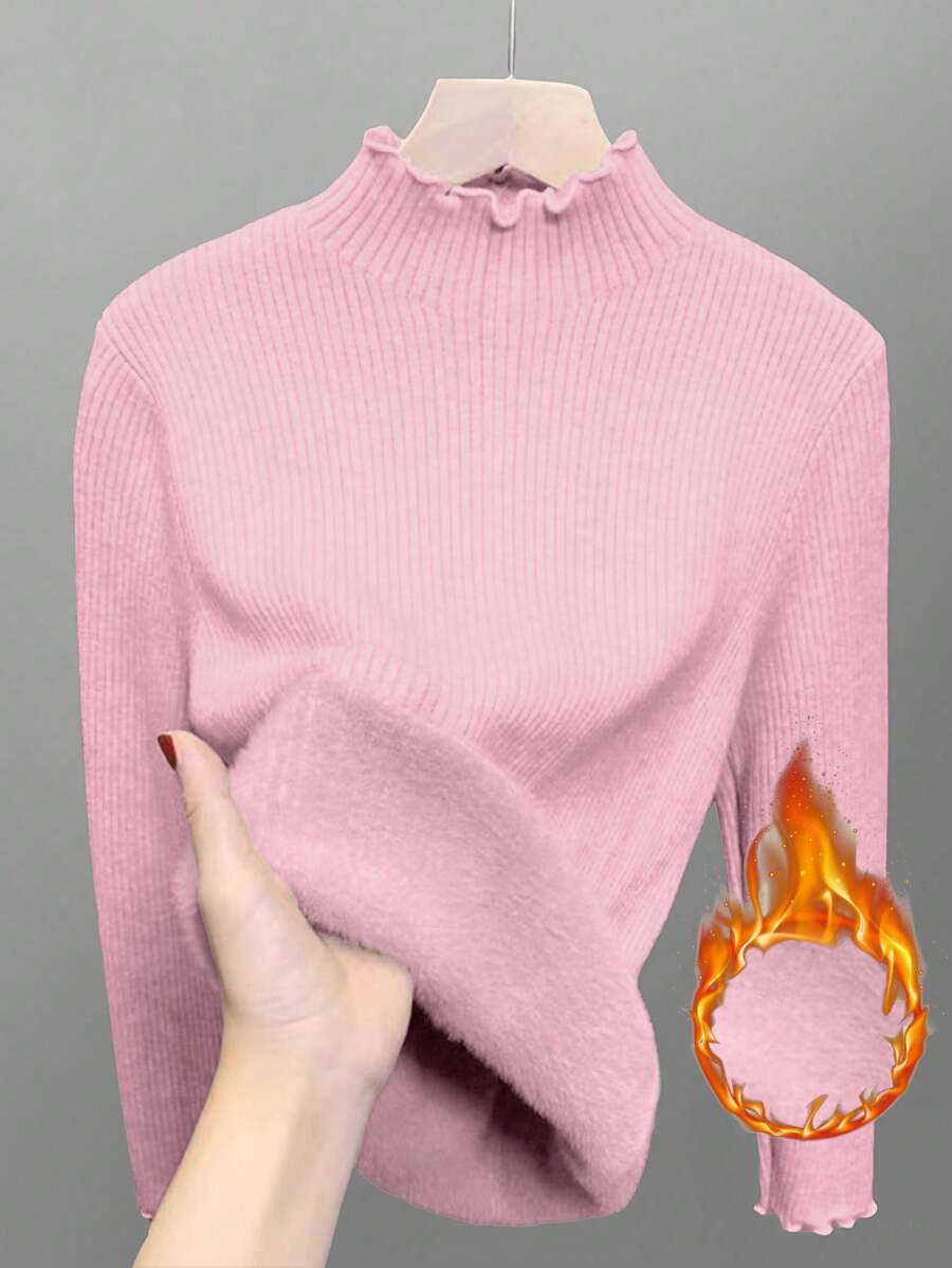 Franclia 新款秋冬加厚保暖修身长袖针织套头衫 - 粉色 - 查看 1