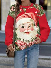 SHEIN LUNE 圣诞休闲圣诞老人图案圆领宽松长袖连帽衫，女款，秋冬 - 紅色 - 查看 8