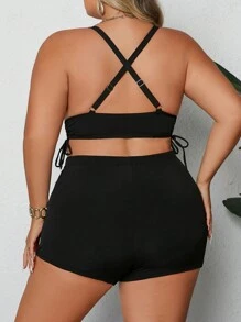 SHEIN CURVE+ Plus Size Women's Solid Color Drawstring Ruched Halter Bikini Top And Shorts 2 Pieces Swimwear Set, Summer Beach - Black - View 2