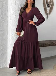 SHEIN Clasi 女士纯色 V 领长袖褶皱简约长款休闲连衣裙长款女装 - 紫紅色 - 查看 3