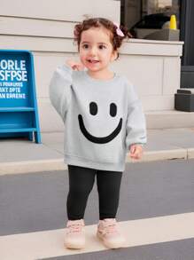 SHEIN Leap Crew Baby Girl Cute Expression Graphic Long Sleeve Sweatshirt With Elastic Waist Pants Set, Autumn/Winter - Multicolor - View 1