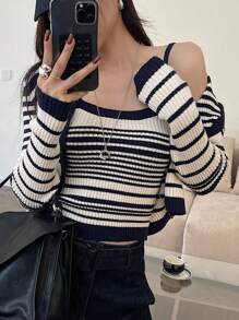 DAZY Bộ 2 áo ba lỗ dệt kim kẻ sọc màu tương phản mặc thường ngày cho nữ và áo len cardigan, mùa thu/đông - Màu xanh hải quân - Xem 9