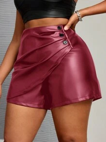 Slaydiva Plus Size Asymmetric Pleated Button Decor Plain PU Shorts For Commuting And Business, Autumn/Winter